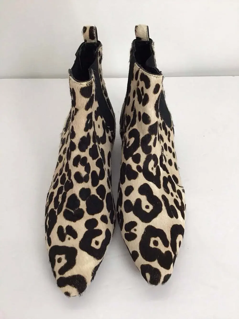 Linea Paolo Leopard Print Calf Hair Pointed Toe Chelsea Ankle Boots Womens 7M
